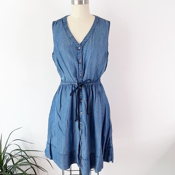 Denim Dress Tencel Drawstring Waist A Line Knee Length Pockets Casual Summer - Picture 6 of 8